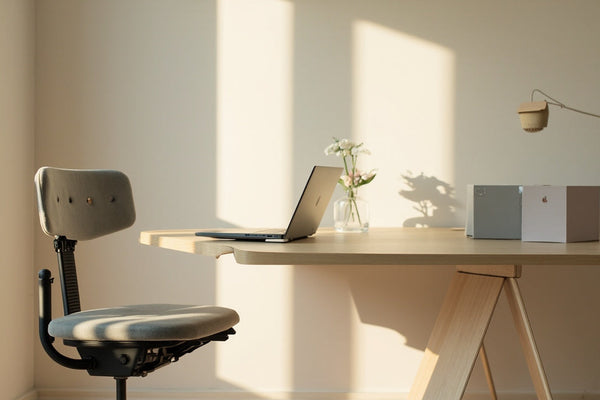 bureau minimaliste avec coussin ergonomique et support ordinateur portable en lumière douce