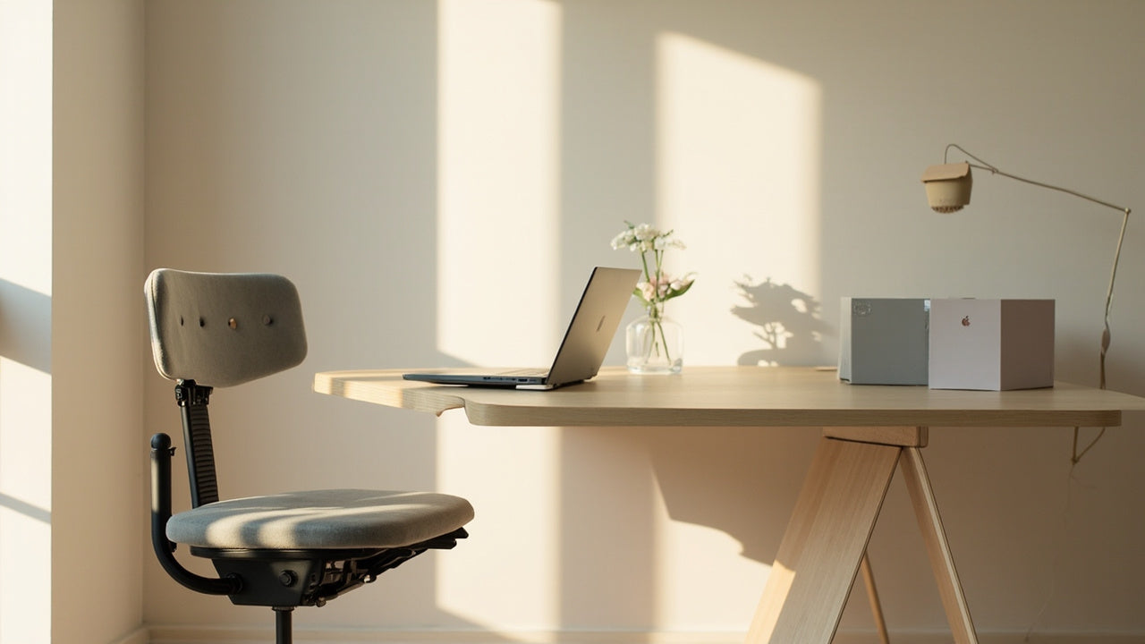 bureau minimaliste avec coussin ergonomique et support ordinateur portable en lumière douce