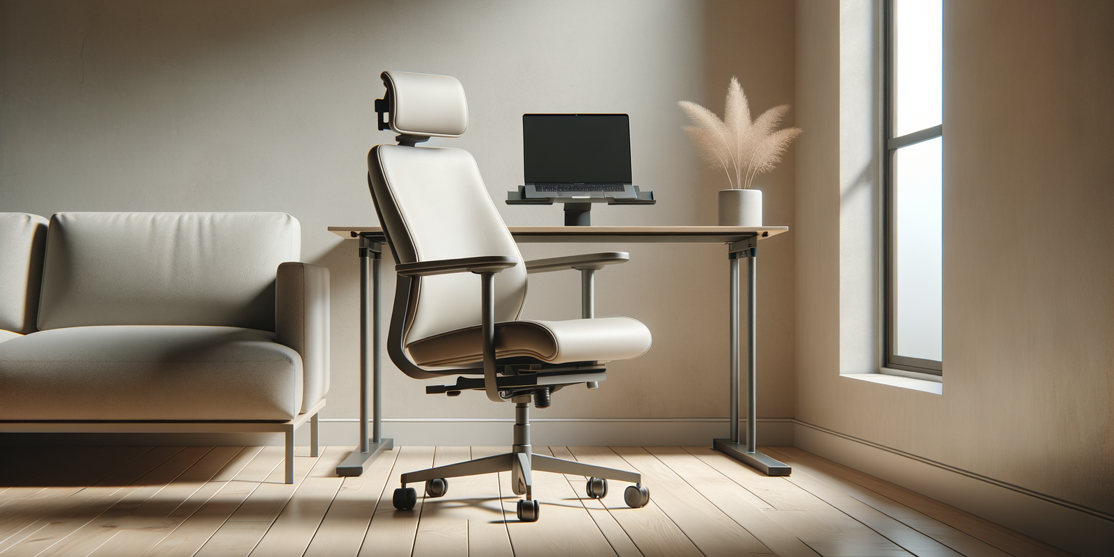 bureau minimaliste avec coussin ergonomique et support ordinateur portable réglable