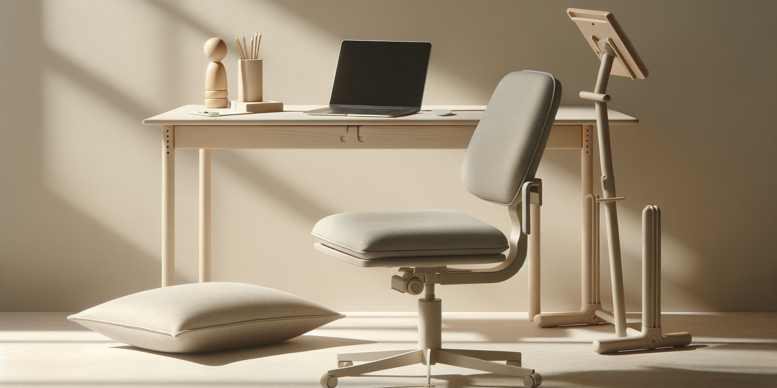 accessoires ergonomiques sur bureau minimaliste, lumière naturelle, ambiance confortable et productive