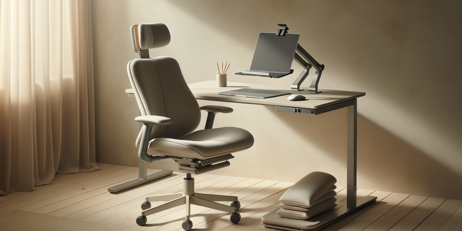 accessoires ergonomiques sur bureau à domicile lumineux, ambiance calme et productive