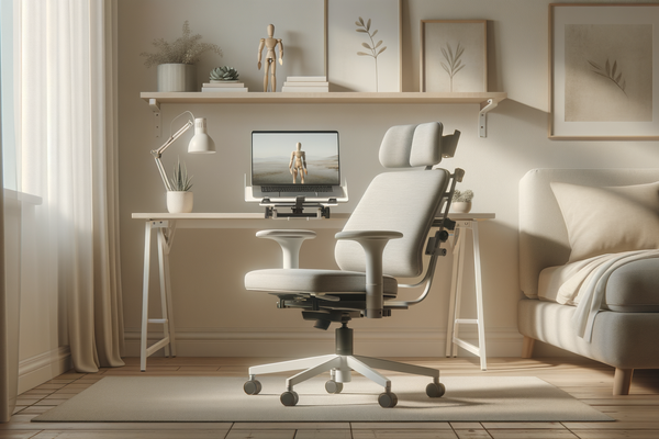 accessoires ergonomiques sur bureau minimaliste, lumière douce, ambiance confort et productivité