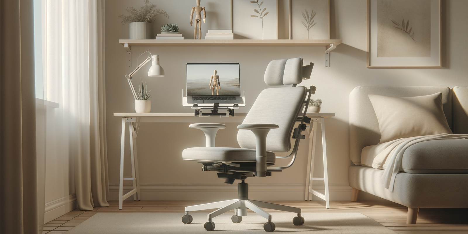 accessoires ergonomiques sur bureau minimaliste, lumière douce, ambiance confort et productivité