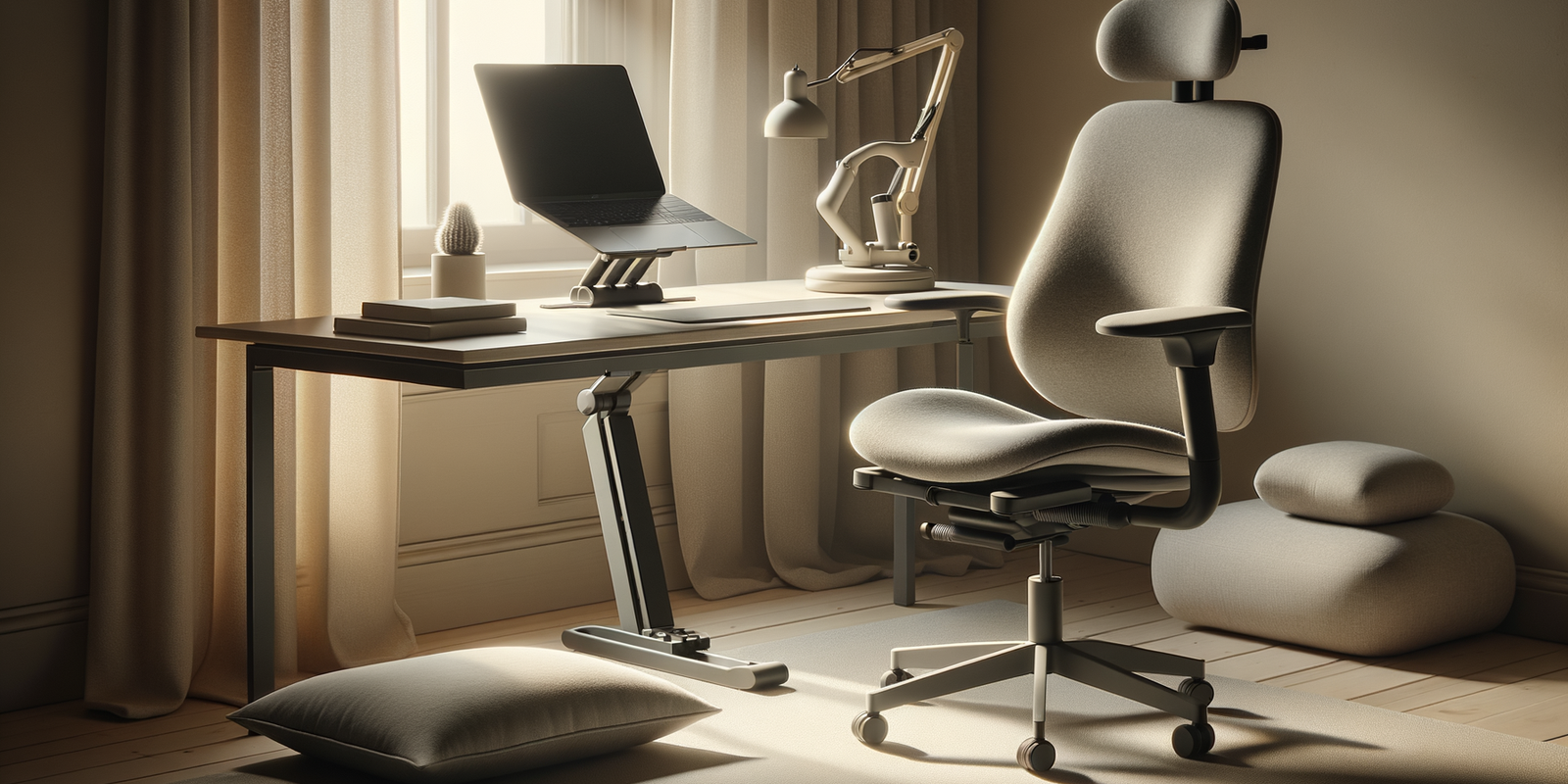 accessoires ergonomiques sur bureau minimaliste, lumière naturelle, ambiance confortable et productive