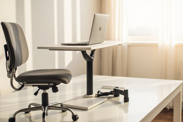 bureau minimaliste avec coussin ergonomique et support ordinateur portable ajustable