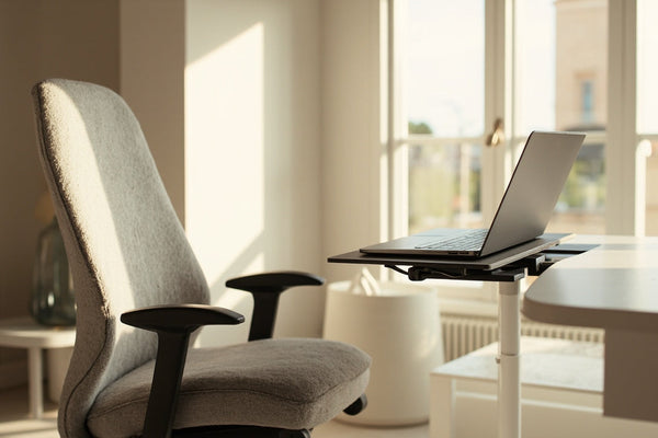 bureau minimaliste avec coussin ergonomique et support ordinateur portable en lumière douce