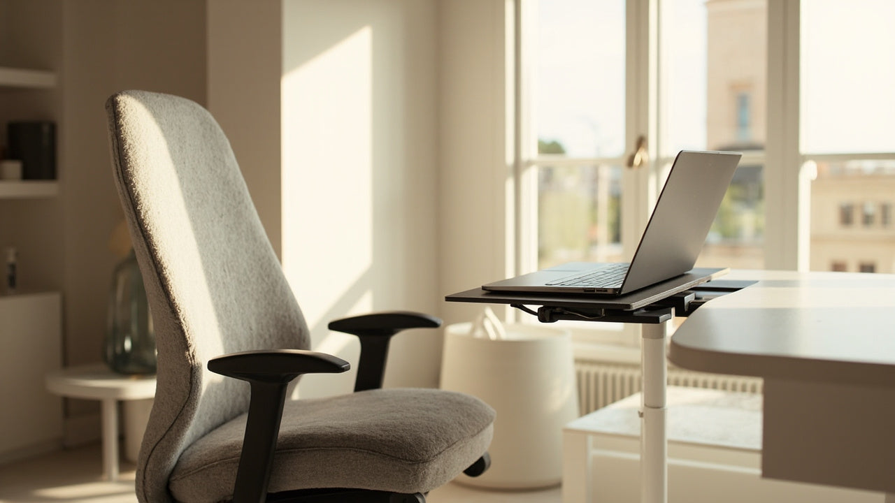 bureau minimaliste avec coussin ergonomique et support ordinateur portable en lumière douce