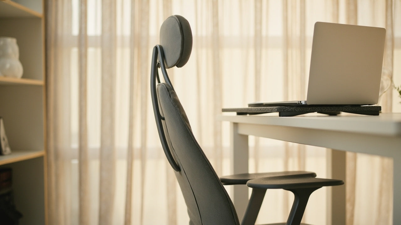 bureau minimaliste avec coussin ergonomique et support ordinateur portable en lumière douce