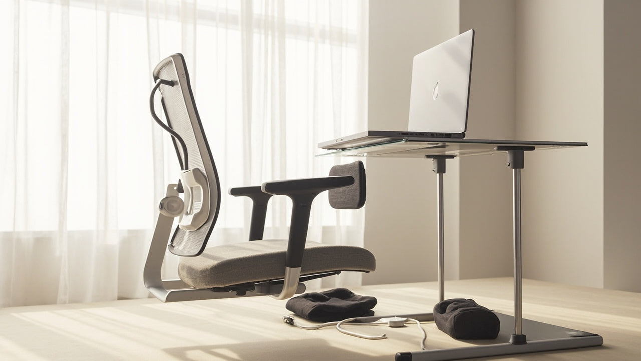 bureau minimaliste avec coussin ergonomique, support ordinateur portable et correcteur de posture