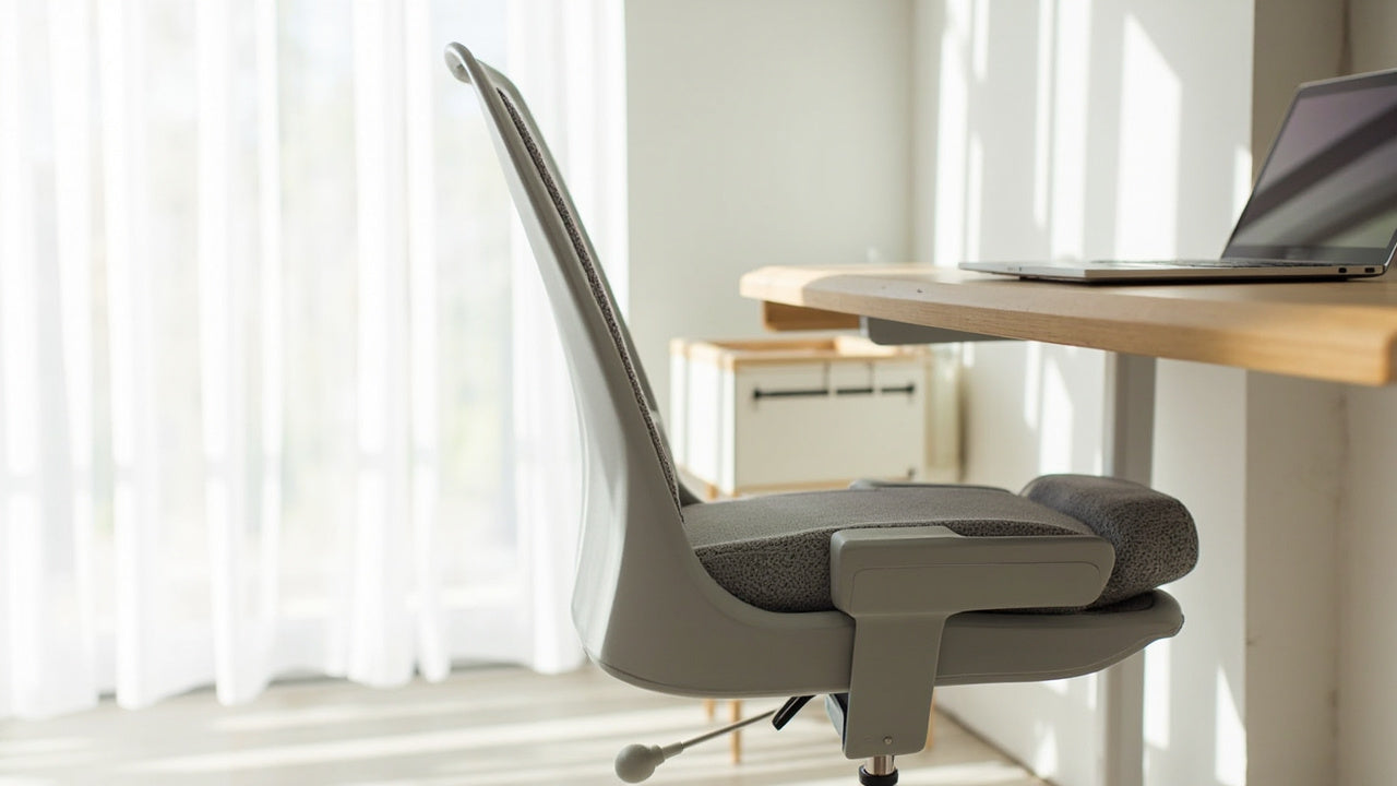 setup télétravail minimaliste avec support ordinateur, coussin ergonomique et correcteur posture