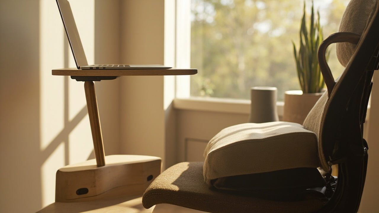 accessoires ergonomiques sur bureau minimaliste, lumière naturelle, ambiance calme et productive