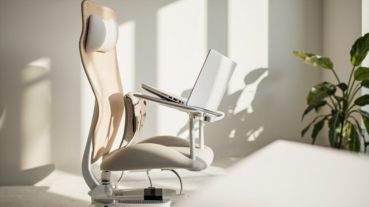 bureau minimaliste avec coussin ergonomique et support ordinateur portable, lumière douce