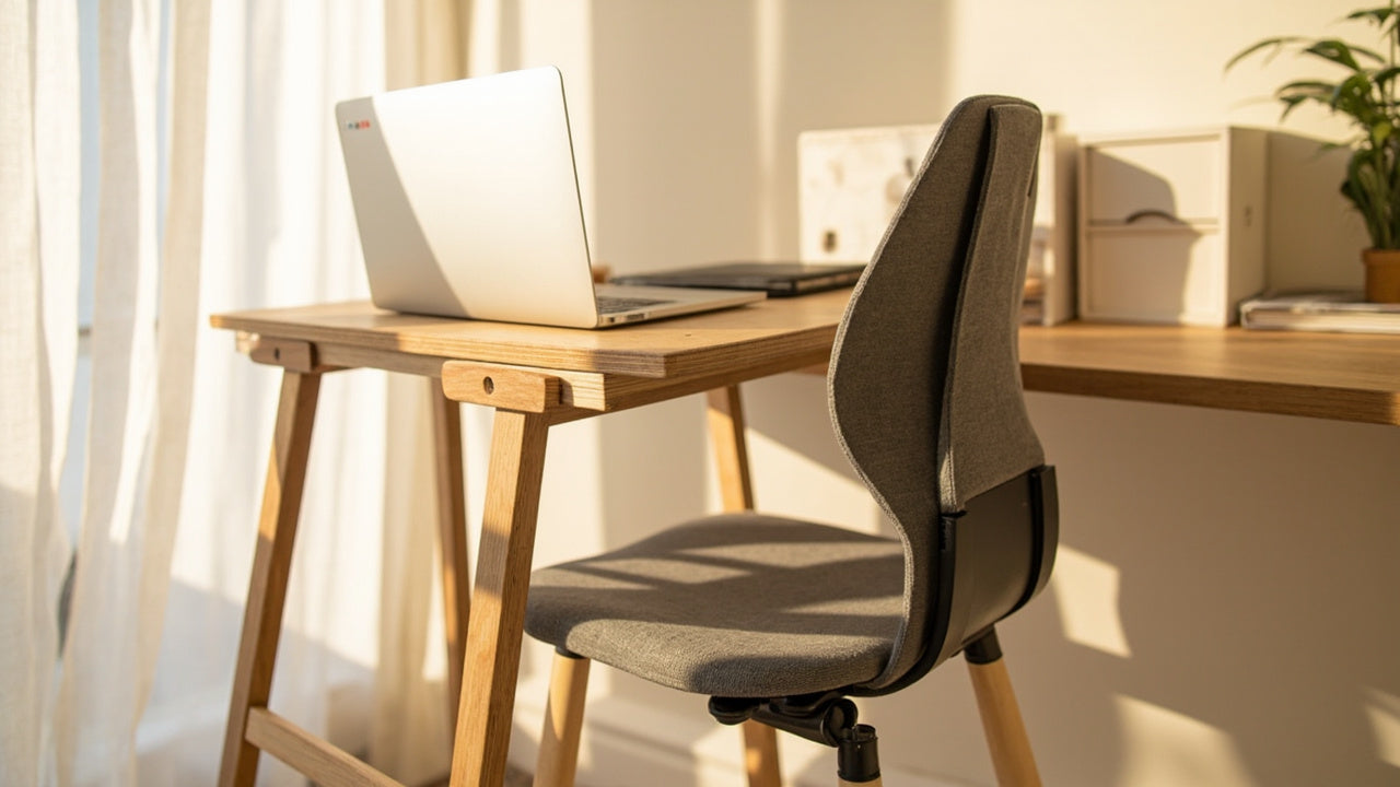 accessoires ergonomiques sur bureau minimaliste, lumière naturelle, ambiance calme et productive