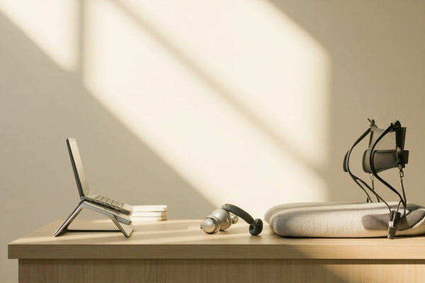 accessoires ergonomiques sur bureau minimaliste, lumière naturelle, ambiance calme et productive