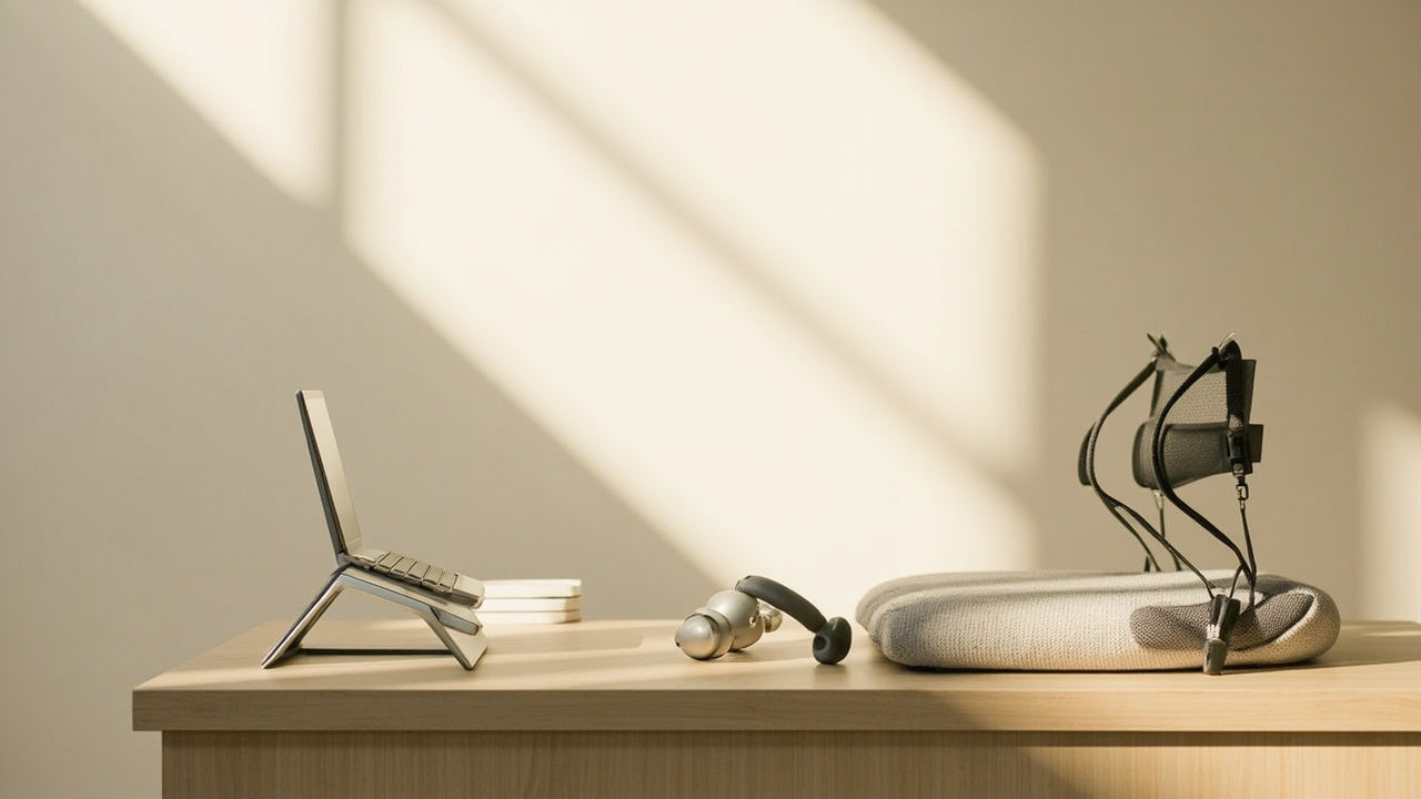 accessoires ergonomiques sur bureau minimaliste, lumière naturelle, ambiance calme et productive