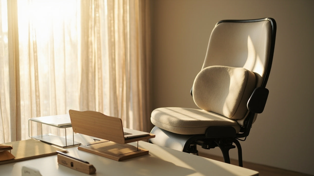 bureau minimaliste avec coussin ergonomique et support ordinateur portable en lumière douce