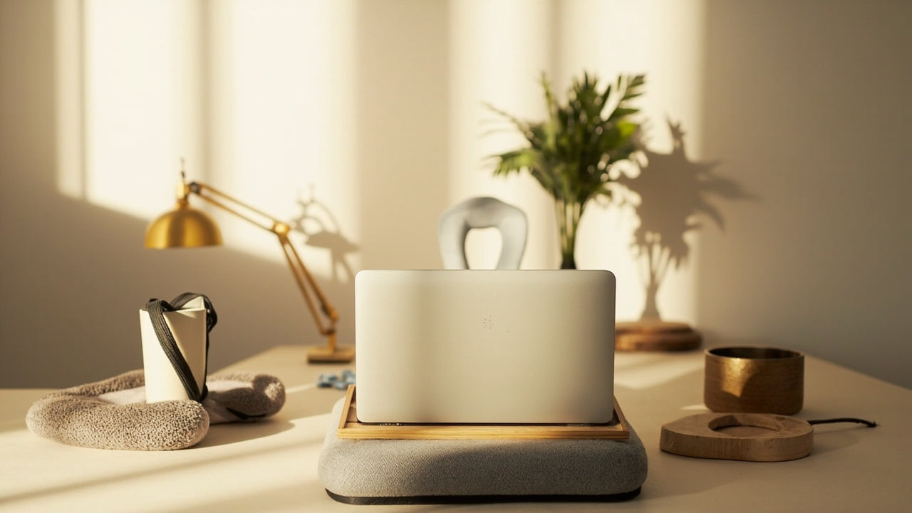 accessoires ergonomiques sur bureau minimaliste, lumière naturelle, ambiance confort et productivité