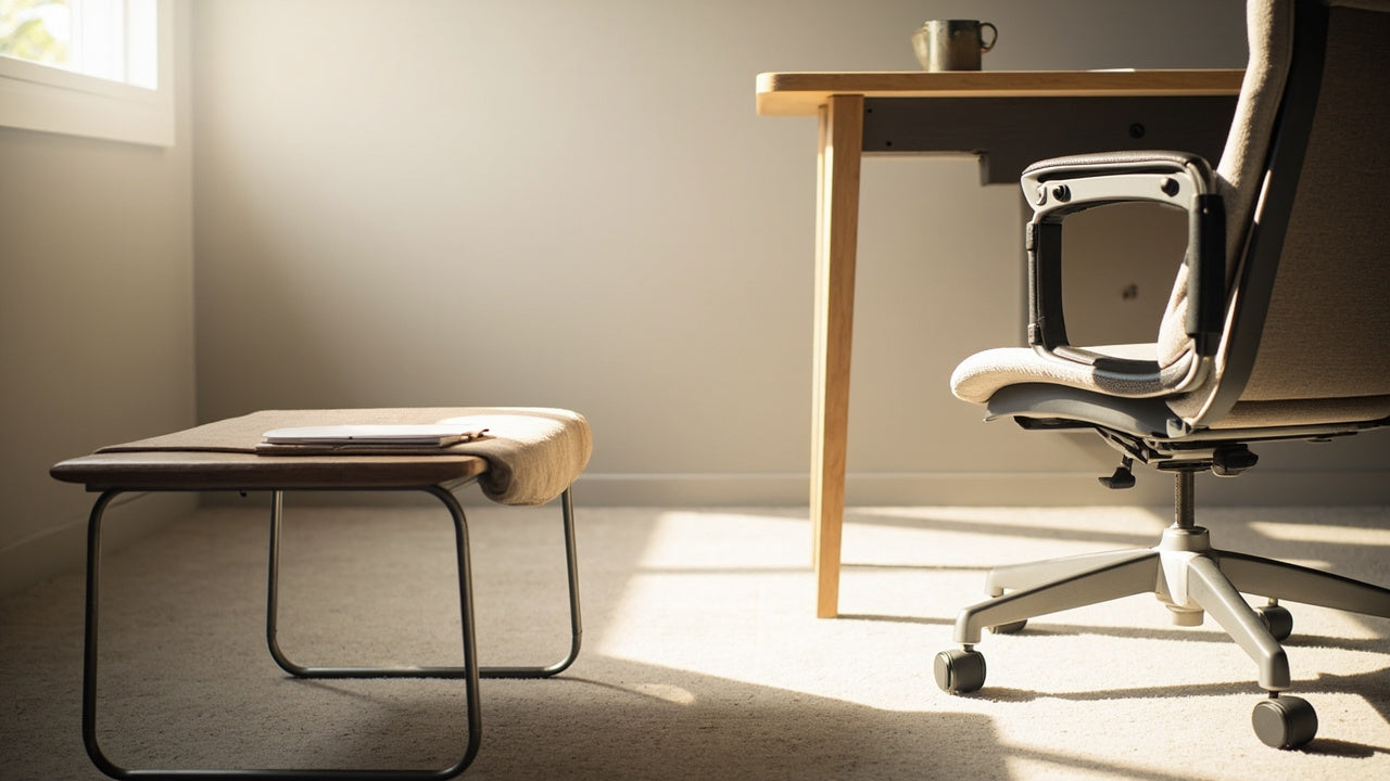 accessoires ergonomiques sur bureau minimaliste, lumière douce, ambiance confort et productivité