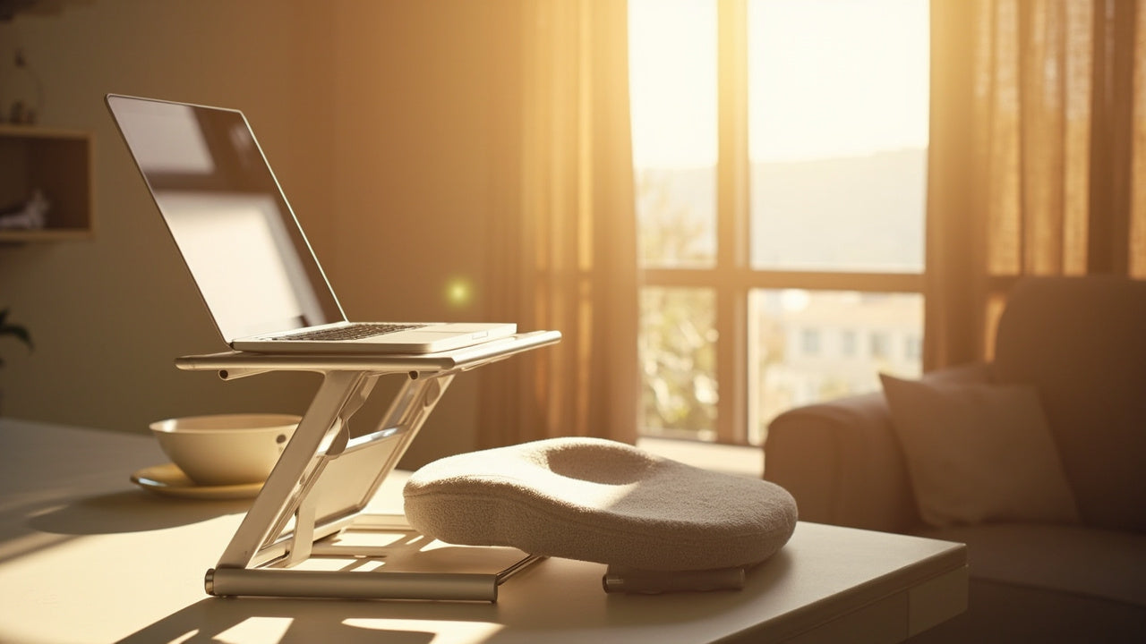 bureau minimaliste avec accessoires ergonomiques pour confort et productivité en télétravail