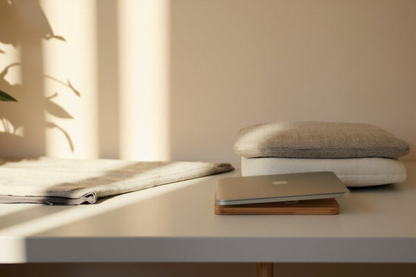 accessoires ergonomiques sur bureau minimaliste, lumière naturelle, ambiance calme et productive