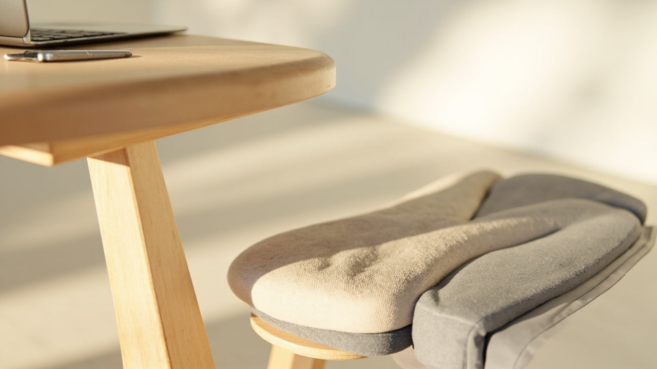 accessoires ergonomiques sur bureau minimaliste, lumière douce, ambiance confortable et productive