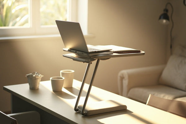 accessoires ergonomiques sur bureau minimaliste, lumière naturelle, ambiance calme et productive