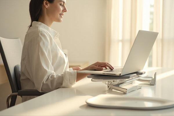 bureau minimaliste avec coussin ergonomique, support ordinateur portable et correcteur de posture