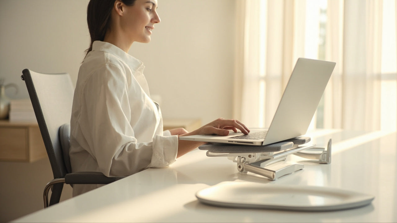 bureau minimaliste avec coussin ergonomique, support ordinateur portable et correcteur de posture