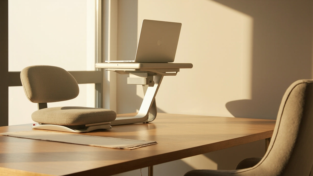 accessoires ergonomiques sur bureau minimaliste, lumière naturelle, ambiance confortable et productive