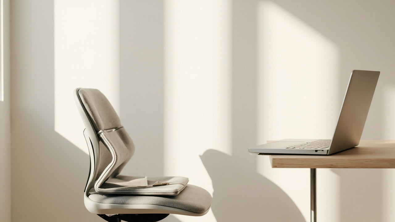 accessoires ergonomiques sur bureau minimaliste, lumière douce, ambiance calme et productive