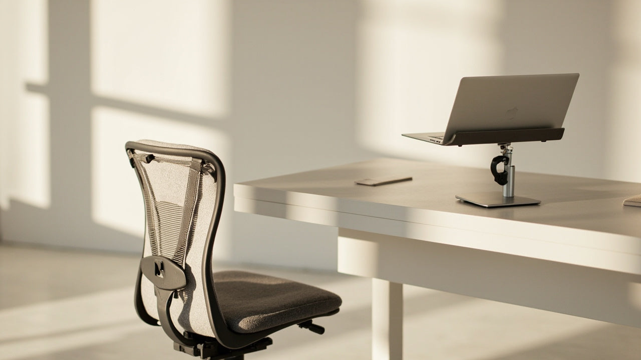 setup de télétravail minimaliste avec coussin ergonomique et support ordinateur portable