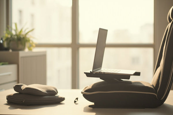 accessoires ergonomiques sur bureau minimaliste, lumière naturelle, ambiance calme et productive