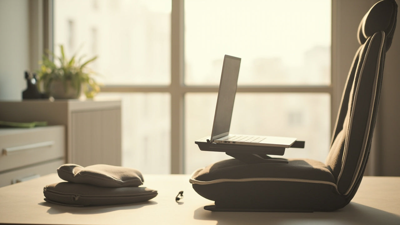 accessoires ergonomiques sur bureau minimaliste, lumière naturelle, ambiance calme et productive