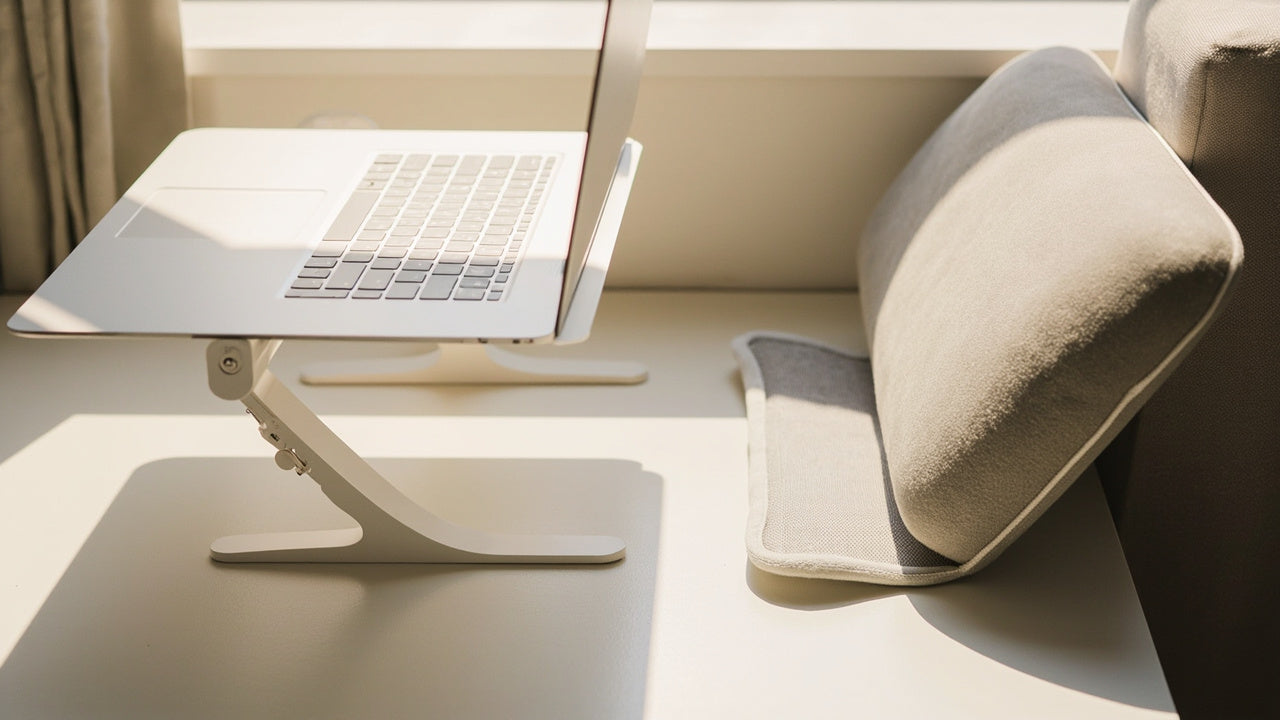 accessoires ergonomiques sur bureau minimaliste, lumière naturelle, ambiance calme et productive