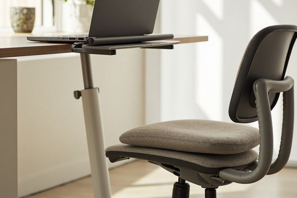 accessoires ergonomiques sur bureau minimaliste, lumière douce, ambiance calme et productive