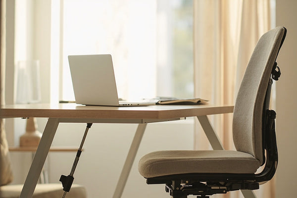 accessoires ergonomiques sur bureau minimaliste, lumière douce, ambiance confortable et productive