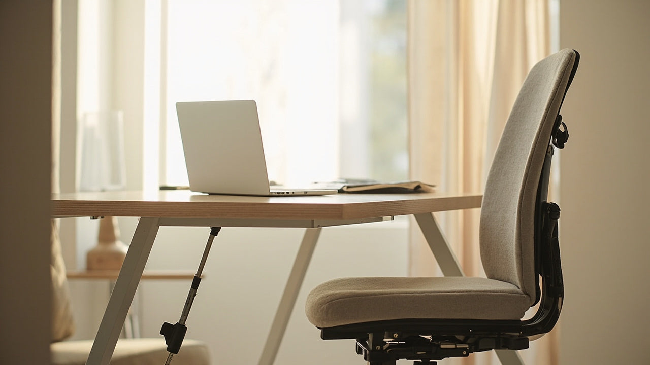 accessoires ergonomiques sur bureau minimaliste, lumière douce, ambiance confortable et productive