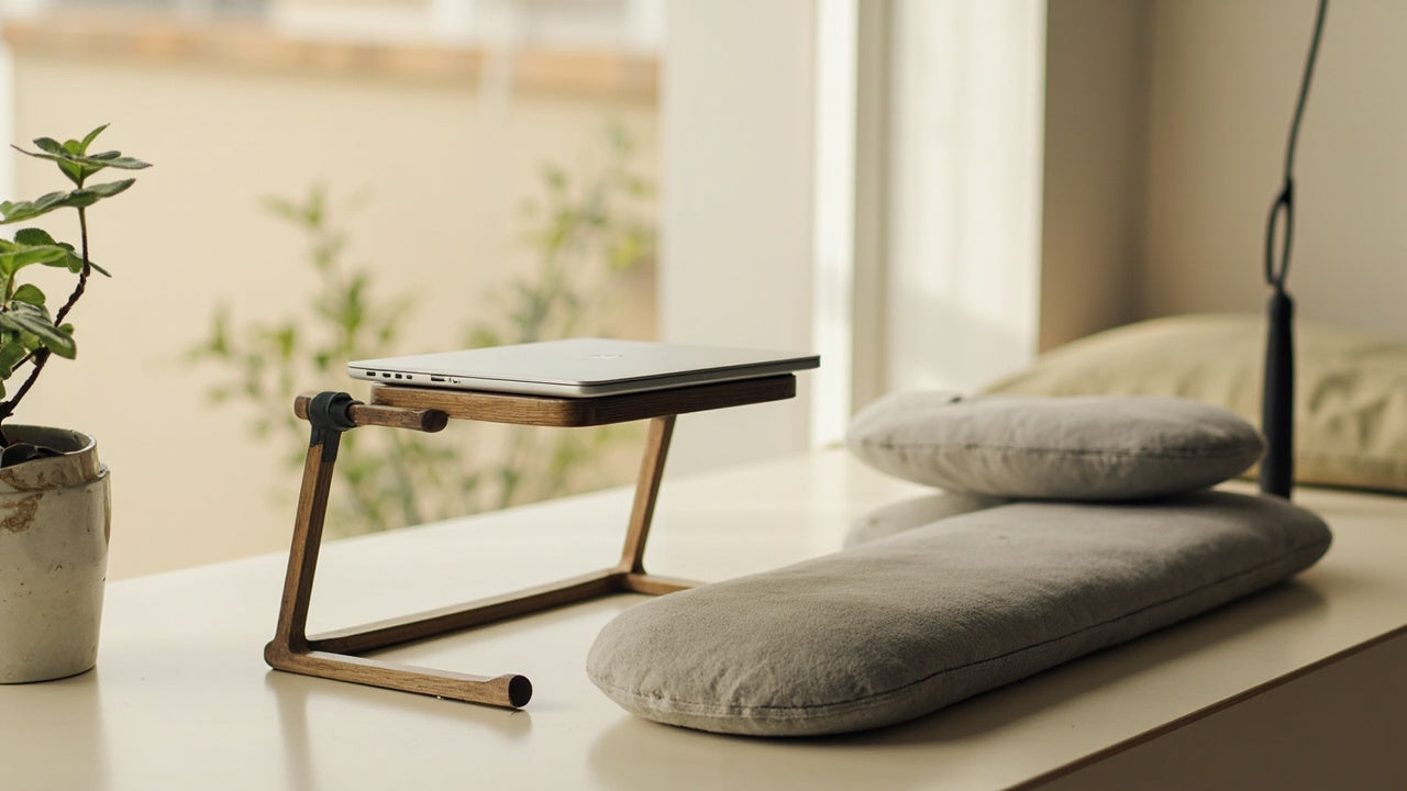 accessoires ergonomiques sur bureau minimaliste, lumière naturelle douce, ambiance calme et productive