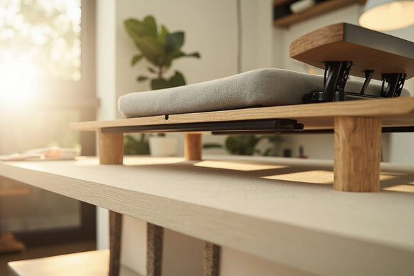 bureau de télétravail minimaliste avec accessoires ergonomiques et lumière naturelle douce