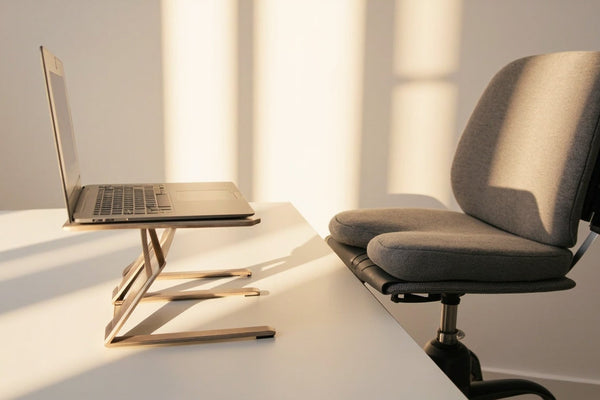 accessoires ergonomiques sur bureau minimaliste, lumière naturelle, ambiance calme et productive