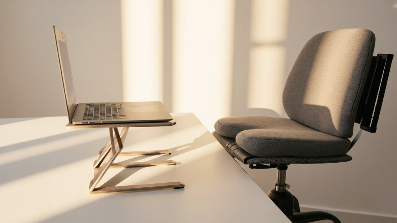 accessoires ergonomiques sur bureau minimaliste, lumière naturelle, ambiance calme et productive