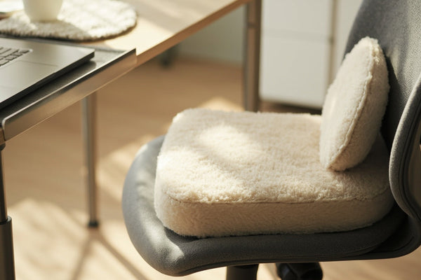 accessoires ergonomiques sur bureau minimaliste, lumière naturelle douce, ambiance calme et productive